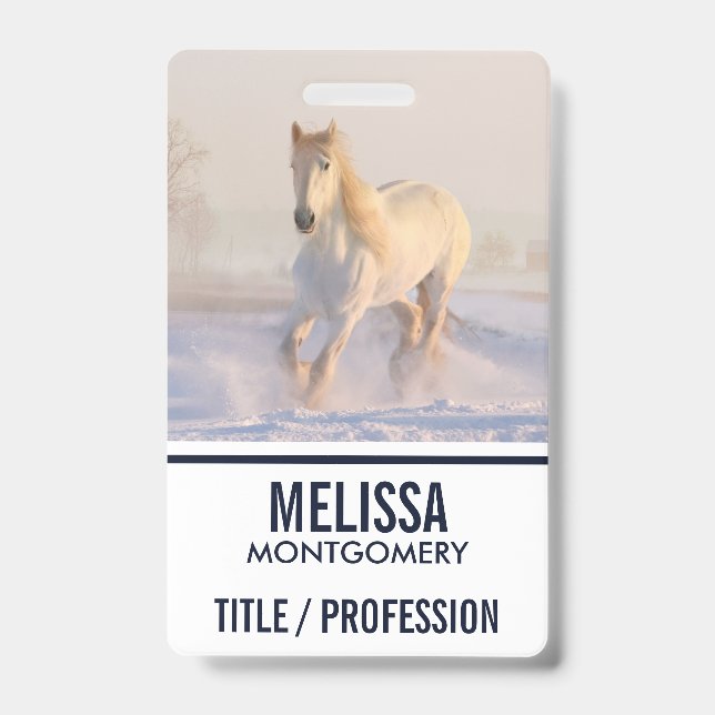 Beautiful White Horse Galloping in the Snow ID Badge (Front)