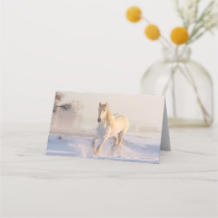 Beautiful White Horse Galloping in the Snow Place Card