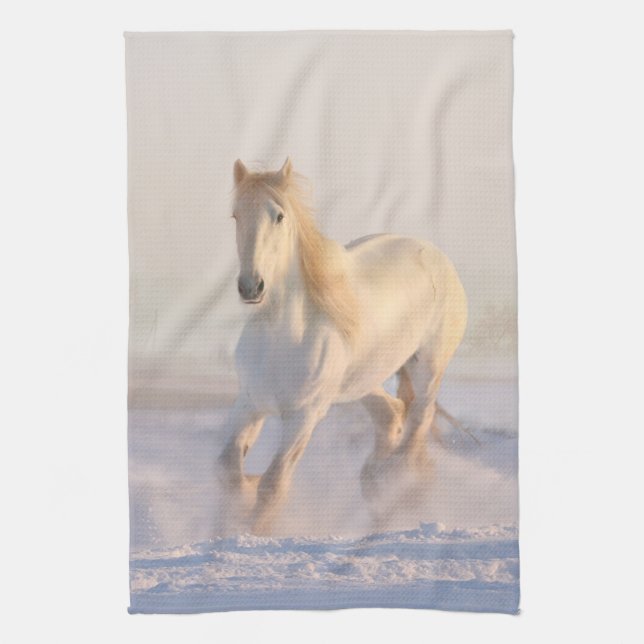 Beautiful White Horse Galloping in the Snow Tea Towel (Vertical)