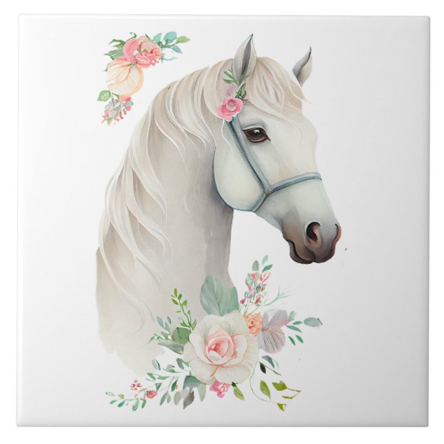 Beautiful White Horse Head Boho Floral Tile (Front)