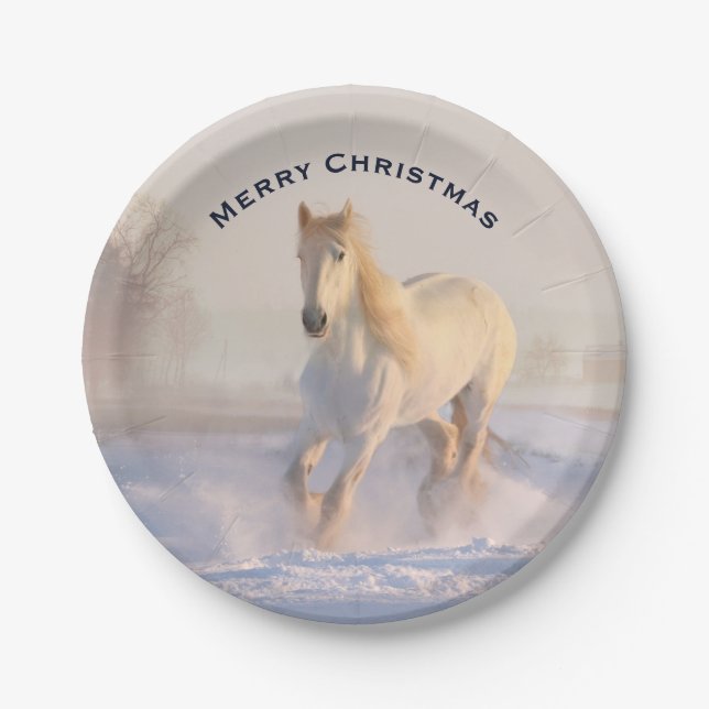 Beautiful White Horse in the Snow Photo Christmas Paper Plate (Front)