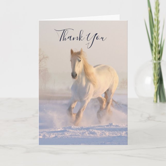 Beautiful White Horse in the Snow Photo Thank You Card (Front)