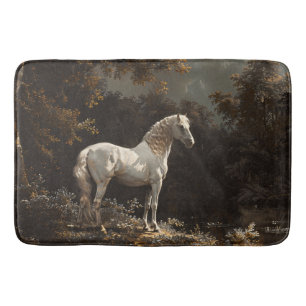 Beautiful White Horse Oil Painting Vintage Bath Mat