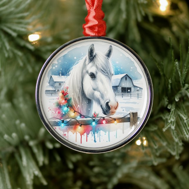 Beautiful White Horse on Farm Christmas Metal Tree Decoration (Tree)
