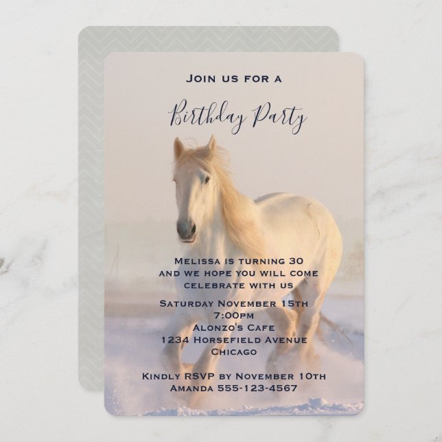Beautiful White Horse Running in the Snow Birthday Invitation (Front/Back)