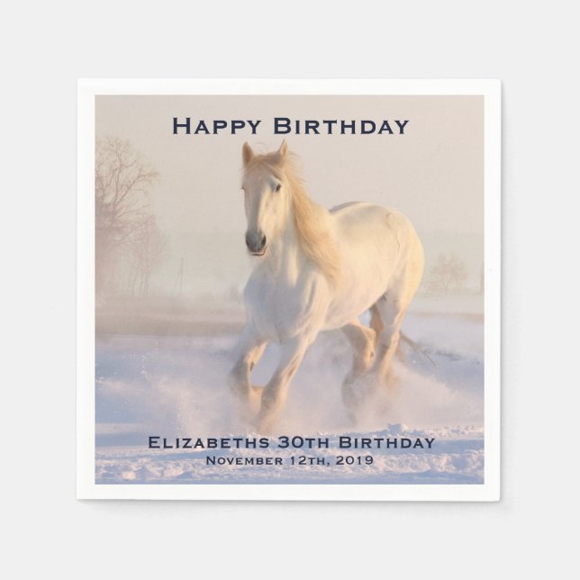 Beautiful White Horse Running in the Snow Birthday Napkin (Front)