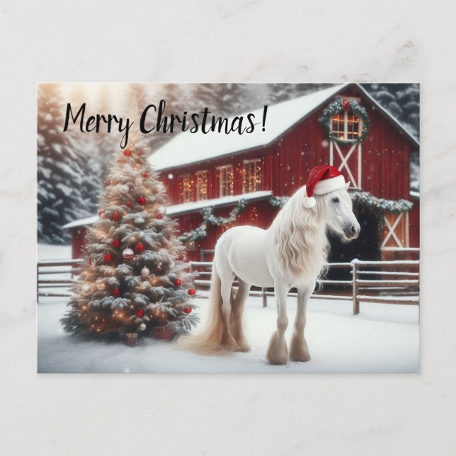 Beautiful white horse wearing a santa sat postcard (Front)
