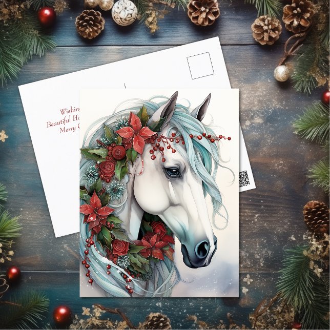 Beautiful White Horse with Red Flowers Christmas Holiday Postcard (Beautiful White Horse with Red Flowers Christmas Holiday Postcard)