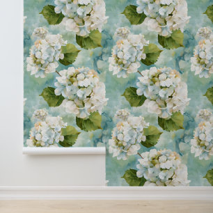 Beautiful white hydrangea on blue wallpaper