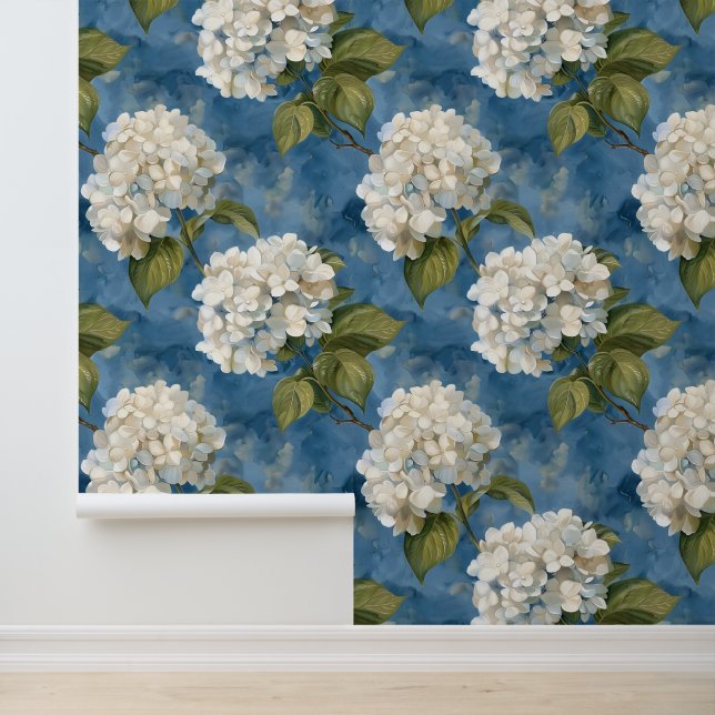 Beautiful white hydrangea on blue wallpaper (Application)