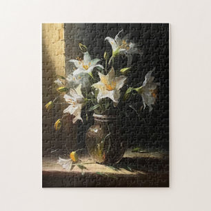 Beautiful White Lilies in Vase Fine Art Jigsaw Puzzle