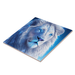 Beautiful White Mystical Lion with Blue Eyes   Tile