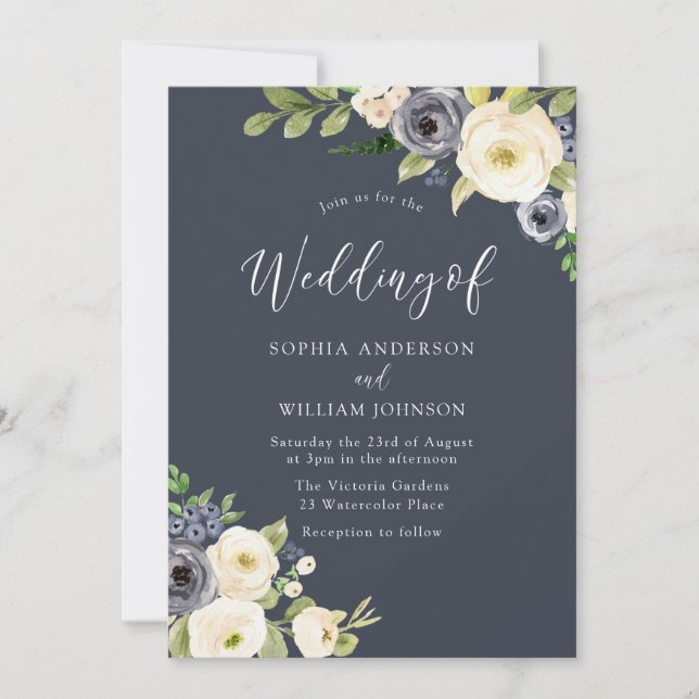 Beautiful White & Navy Flowers All Seasons Wedding Invitation (Front)