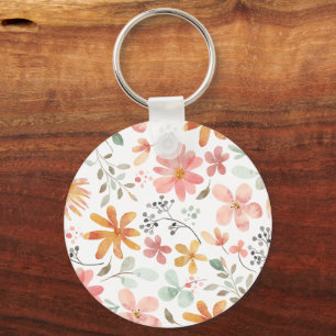Beautiful White Orange Pink Blossom Flower Pattern Key Ring