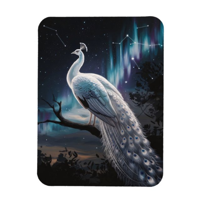 Beautiful White Peacock Aurora Borealis Scenic Magnet (Vertical)