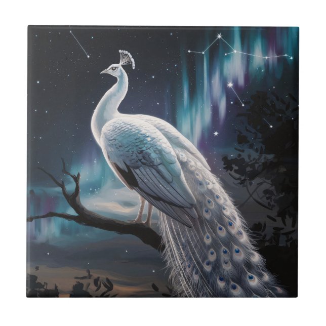 Beautiful White Peacock Aurora Borealis Scenic Tile (Front)