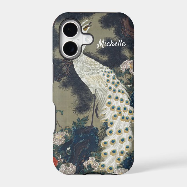 Beautiful White Peacock in Pine Tree (Back)