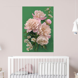 Beautiful White & Pink Peonies On Green Background Poster