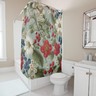 Beautiful White Red Flowers and Blue, Red Berries  Shower Curtain