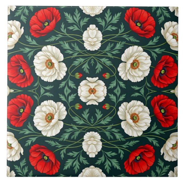 Beautiful White & Red Poppy Flowers Floral Pattern Tile (Front)
