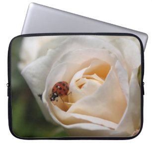 Beautiful white rose flower and ladybug laptop sleeve