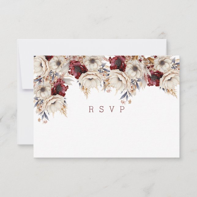 Beautiful White Roses  Burgundy Poppies  RSVP Card (Front)