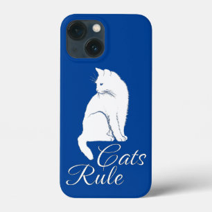 Beautiful White Sitting Cat with "Cats Rule" Text iPhone 13 Mini Case