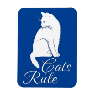 Beautiful White Sitting Cat with "Cats Rule" Text Magnet