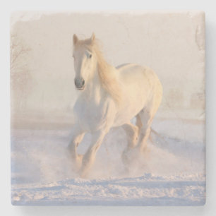 Beautiful White Stallion Running Through the Snow Stone Coaster