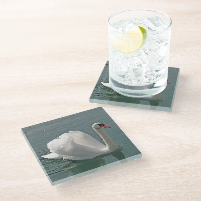 Beautiful white swan glass coaster (Angled)