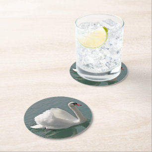 Beautiful white swan round paper coaster