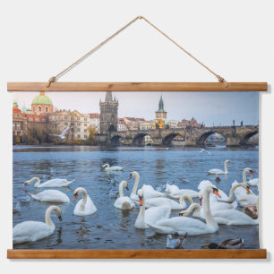 Beautiful White Swans on Vitava River in Prague Hanging Tapestry
