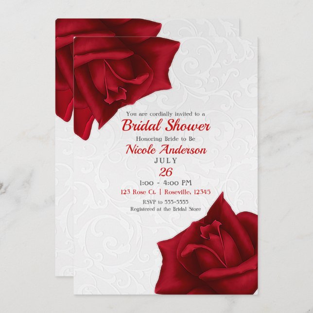 Beautiful White Texture Red Roses Bridal Shower Invitation (Front/Back)