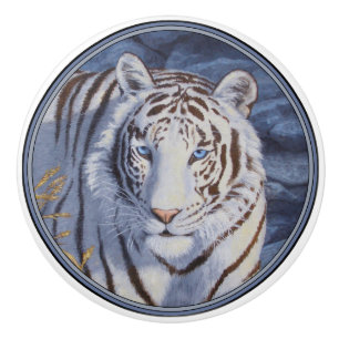 Beautiful White Tiger with Crystal Blue Eyes Ceramic Knob