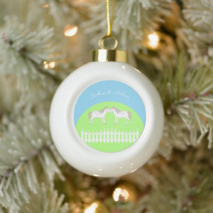 Beautiful White Wedding Horses Custom Ceramic Ball Christmas Ornament