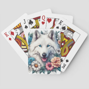Beautiful White Wolf and Flowers  Playing Cards