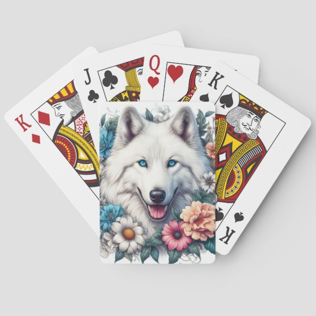 Beautiful White Wolf and Flowers  Playing Cards (Back)