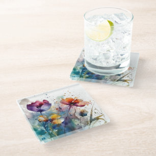 Beautiful wild coloured garden flowers watercolor  glass coaster