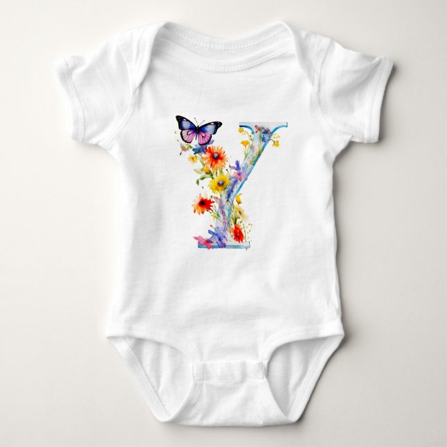 Beautiful Wildflower Butterfly Monogram Baby Bodysuit (Front)