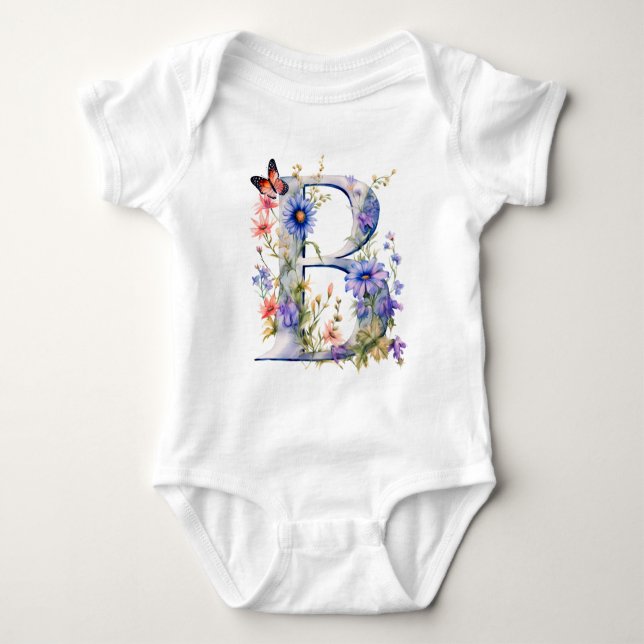 Beautiful Wildflower Butterfly Monogram Baby Bodysuit (Front)