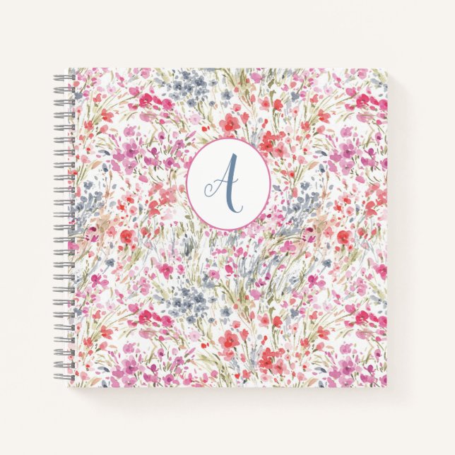 Beautiful Wildflower Watercolor Pattern Monogram Notebook (Front)