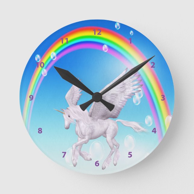 Beautiful Winged Unicorn, Rainbow & Bubbles Clock (Front)