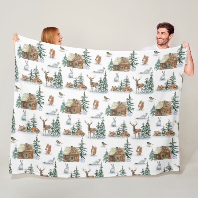 Beautiful Winter Animals Around A Rustic Cabin Fleece Blanket (In Situ)