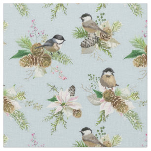 Beautiful Winter Bird and Flowers Fabric