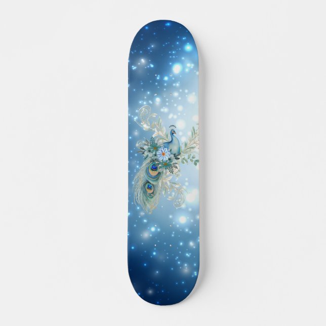 Beautiful Winter Blue Floral Peacock Skateboard (Front)