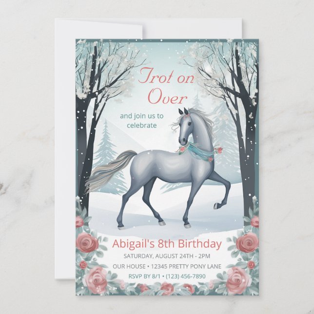 Beautiful Winter Forest Floral Horse Birthday Invitation (Front)