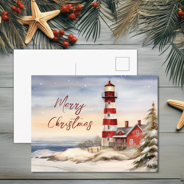 Beautiful Winter Lighthouse Scene Merry Christmas Holiday Postcard (Beautiful Winter Lighthouse Scene Merry Christmas Holiday Postcard)