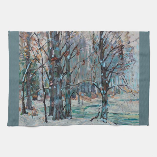 Beautiful Winter Snow Scene with Blues and Greys Tea Towel (Horizontal)
