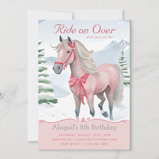 Beautiful Winter Woodland Pink Horse Birthday Invitation (Front)
