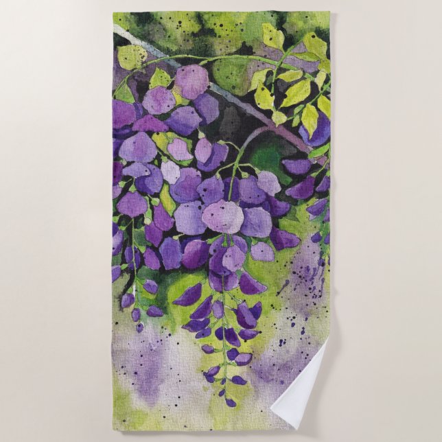 Beautiful Wisteria Flowers In Watercolor  Beach Towel (Front)